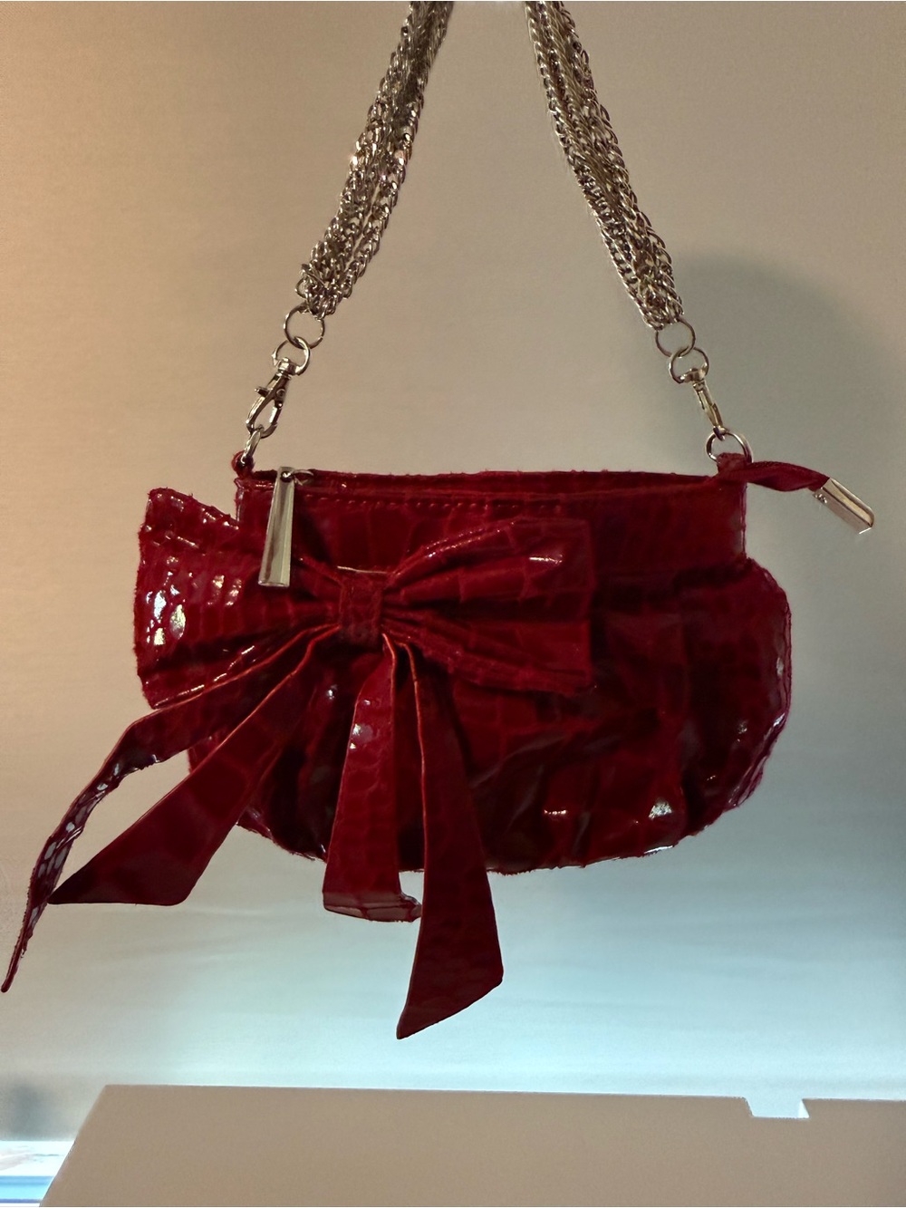 CMG Red Patent Bow Clutch with Chain Strap